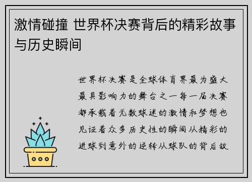 激情碰撞 世界杯决赛背后的精彩故事与历史瞬间